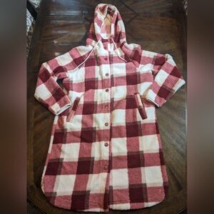 Ultra Flirt Sherpa Plaid Hoodie Jacket Pink Cream Burgundy Check | Shacket